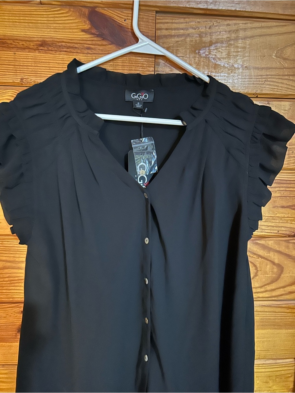 Black Ruffle Sleeve Button-Front Women's Top